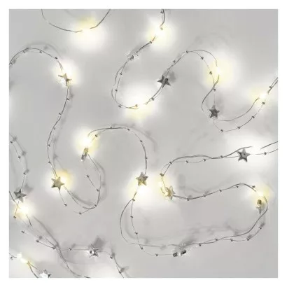 LED vianočná reťaz strieborný – hviezdičky, 1,9 m, 2x AA, vnútorný, teplá biela, časovač