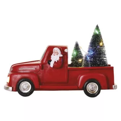 LED dekorácia – Santa v aute s vianoč. stromčekmi, 10 cm, 3x AA, vnútorná, multicolor