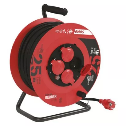 Vonkajší predlžovací kábel na bubne 25 m / 4 zásuvky / čierny / guma / 230 V / 1,5 mm2